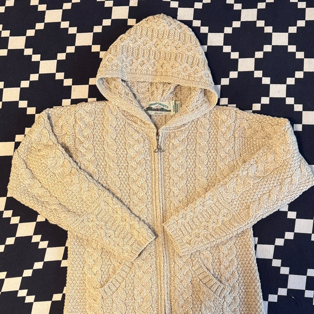 Aran Crafts Beige Zip-Up Cable Knit Sweater